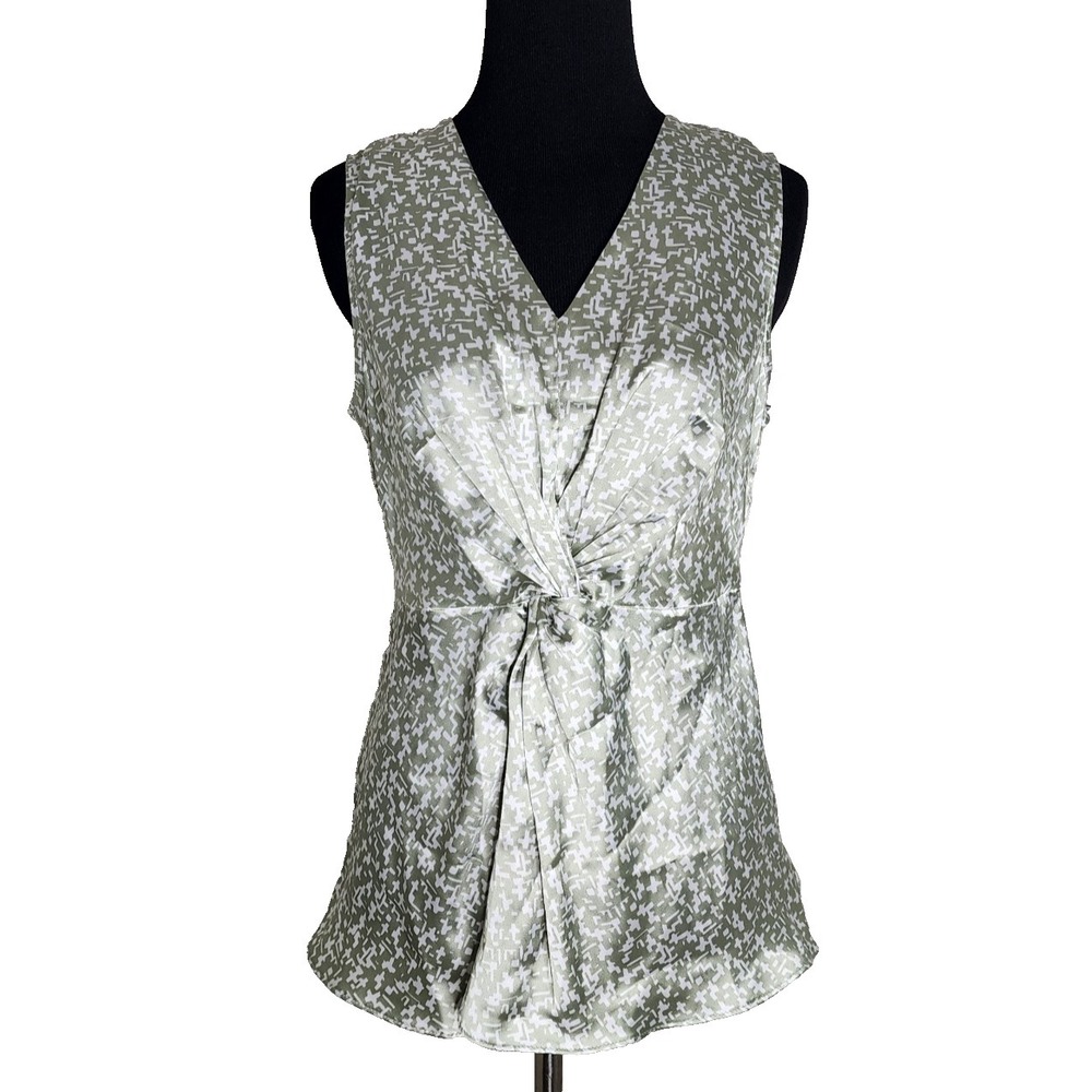 Alfani Size XS Green Cream Sleeveless V Neck Top New Career Satin Empire Ruched